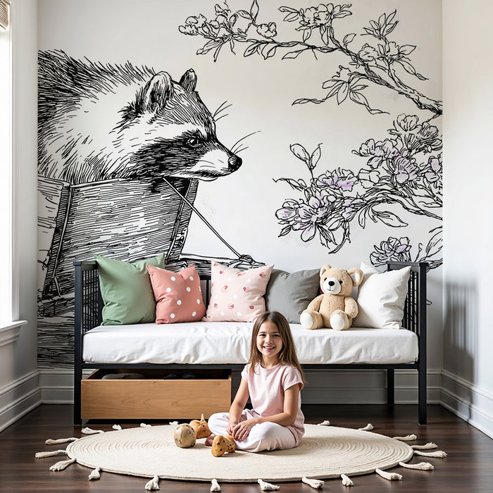 Papel pintado infantil | Mapache en un carrito con flores delicadas