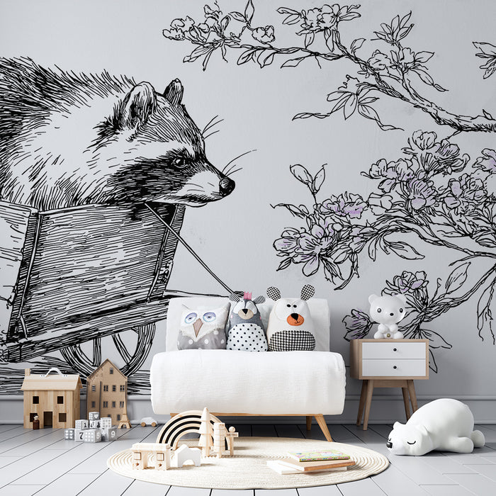 Papel pintado infantil | Mapache en un carrito con flores delicadas