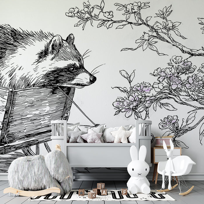Papel pintado infantil | Mapache en un carrito con flores delicadas