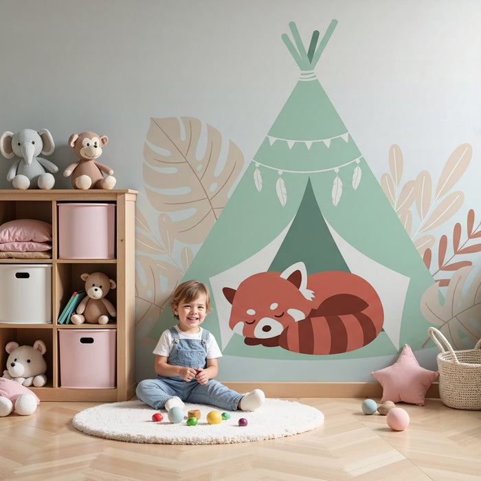 Papel pintado infantil | Mapache acogedor bajo la tienda