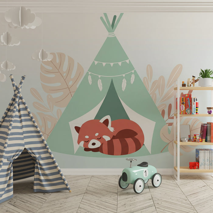 Papel pintado infantil | Mapache acogedor bajo la tienda