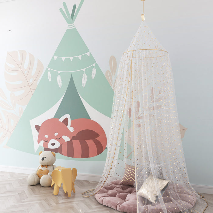 Papel pintado infantil | Mapache acogedor bajo la tienda