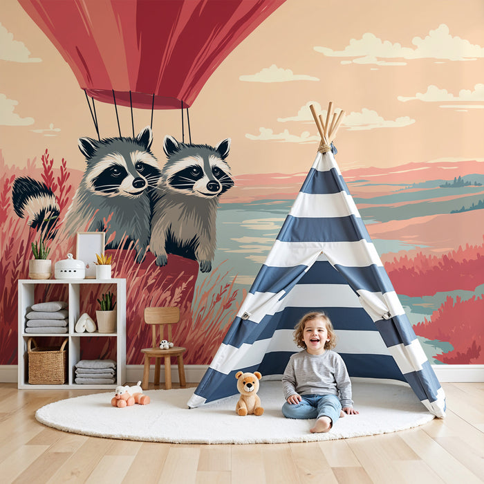 Kids room wallpaper | Racoon in a hot air balloon above nature