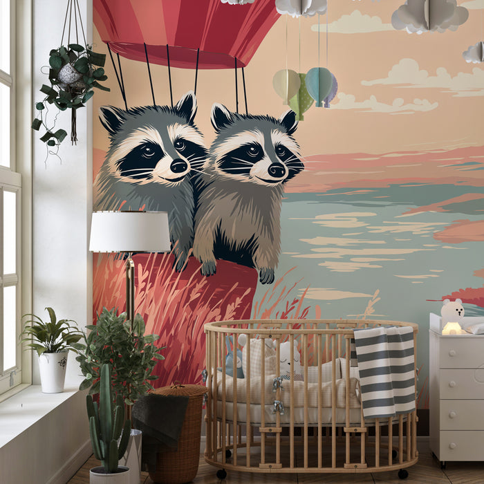 Kids room wallpaper | Racoon in a hot air balloon above nature