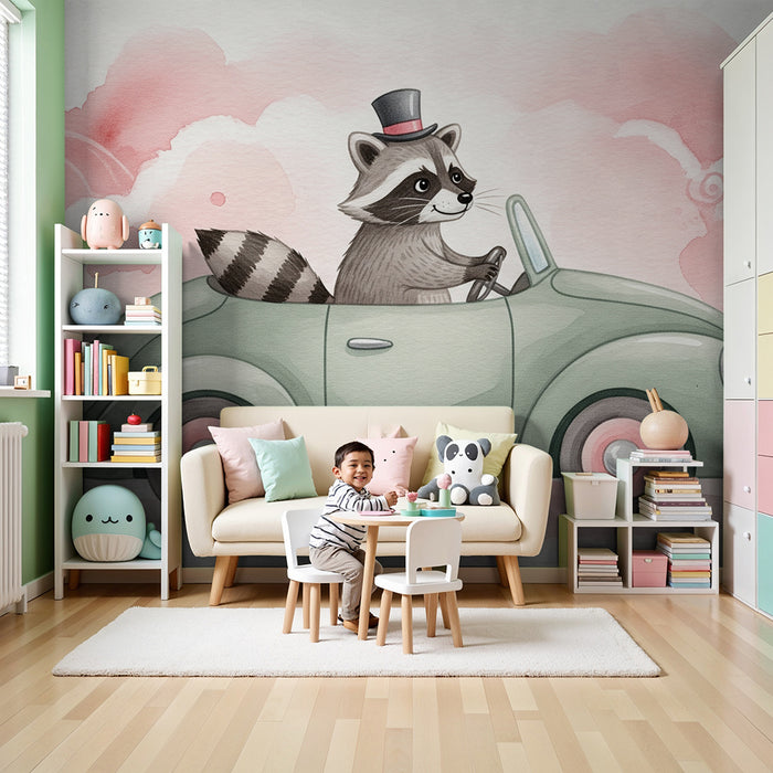 Papier peint chambre enfant | Raton laveur en voiture vintage