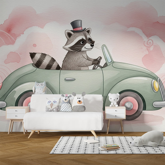 Papier peint chambre enfant | Raton laveur en voiture vintage