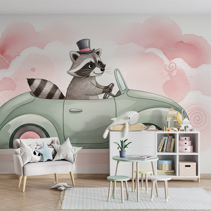 Papier peint chambre enfant | Raton laveur en voiture vintage