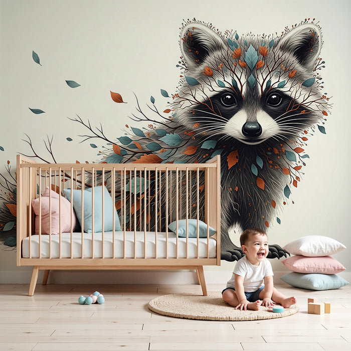 Kids' Room Wallpaper | Enchanting Raccoon with Autumn Foliage