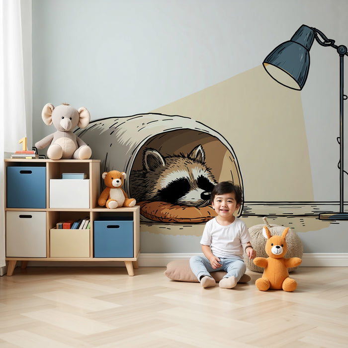 Papier peint chambre enfant | Raton laveur endormi dans son abri