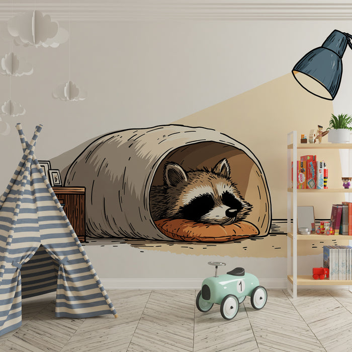 Papier peint chambre enfant | Raton laveur endormi dans son abri