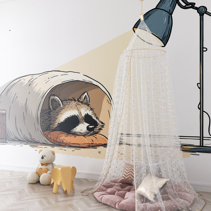 Papier peint chambre enfant | Raton laveur endormi dans son abri