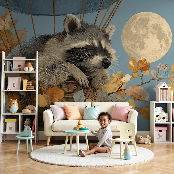 Kids room wallpaper | Sleeping raccoon in a basket under the moon