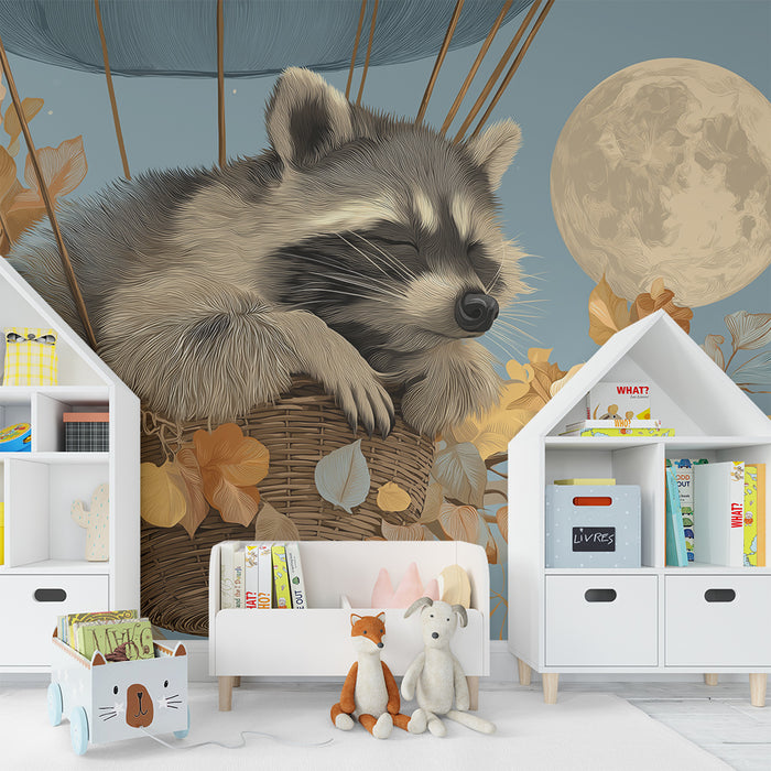 Kids room wallpaper | Sleeping raccoon in a basket under the moon