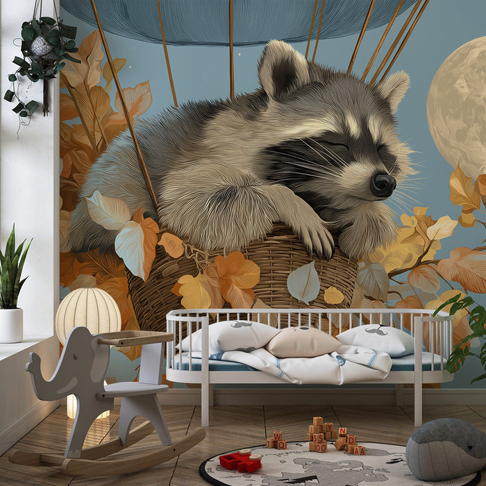Kids room wallpaper | Sleeping raccoon in a basket under the moon