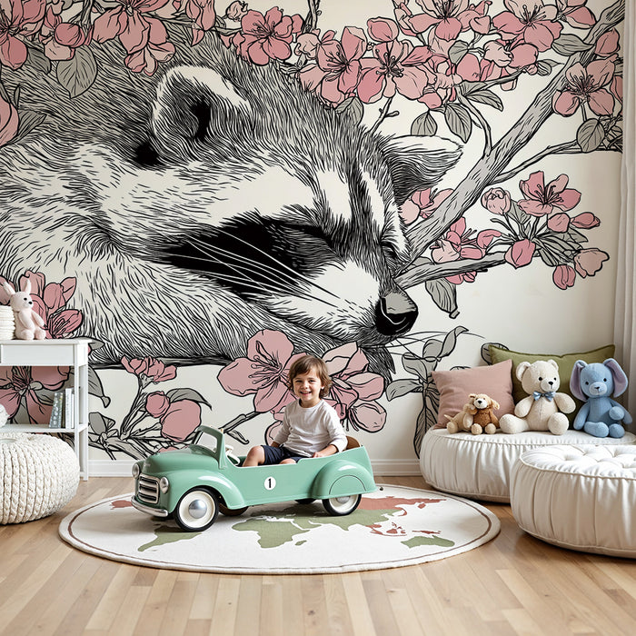 Kinderkamer behang | Slapende wasbeer tussen delicate bloemen