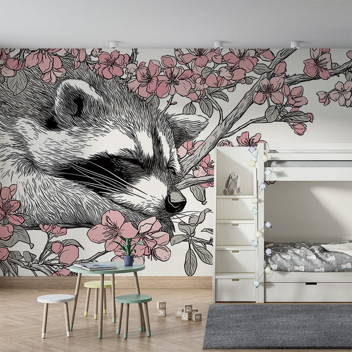 Kinderkamer behang | Slapende wasbeer tussen delicate bloemen