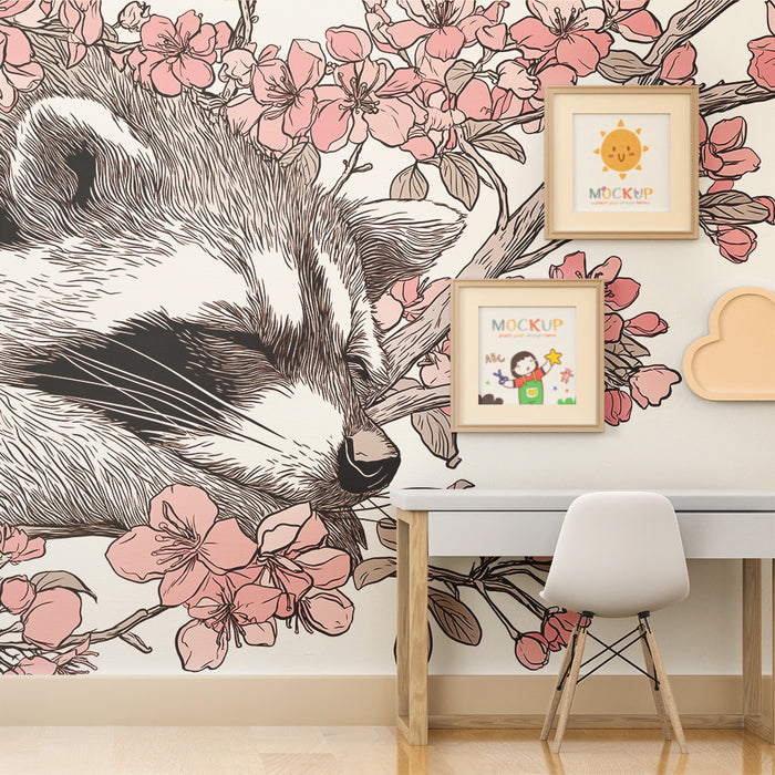 Kinderkamer behang | Slapende wasbeer tussen delicate bloemen