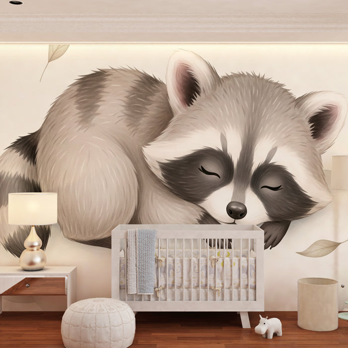 Papier peint chambre enfant | Raton laveur endormi sur un nuage