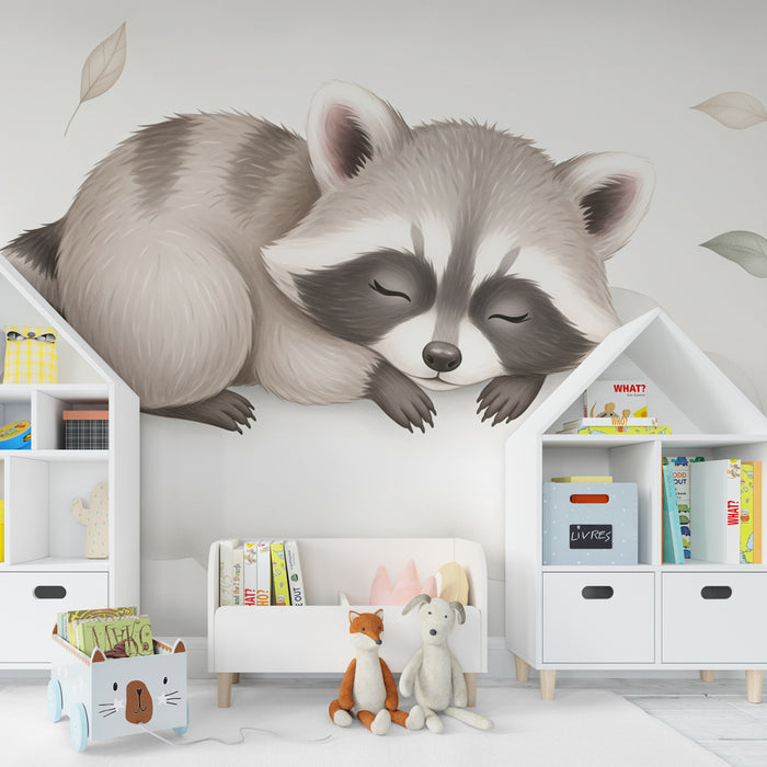 Papier peint chambre enfant | Raton laveur endormi sur un nuage