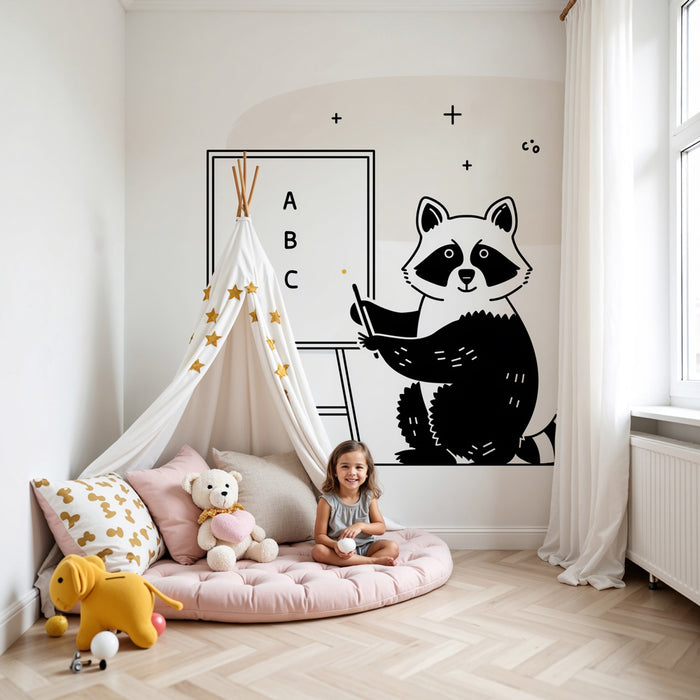 Papier peint chambre enfant | Raton laveur enseignant et alphabet