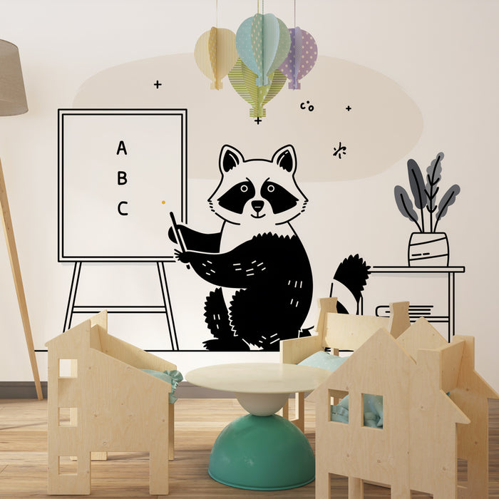 Papier peint chambre enfant | Raton laveur enseignant et alphabet