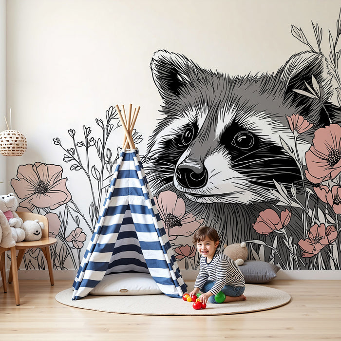 Barntapet | Tvättbjörn omgiven av delikata blommor