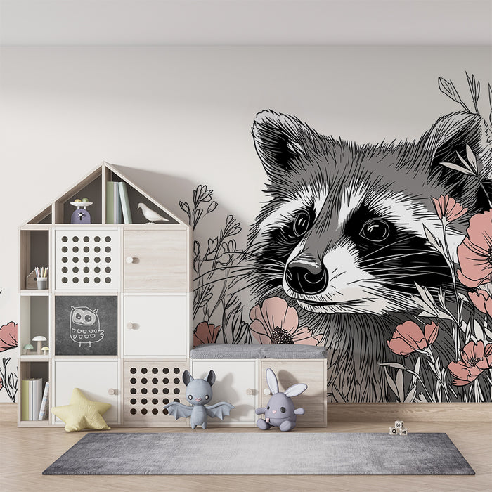 Barntapet | Tvättbjörn omgiven av delikata blommor