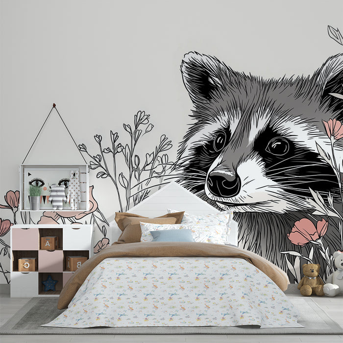 Barntapet | Tvättbjörn omgiven av delikata blommor