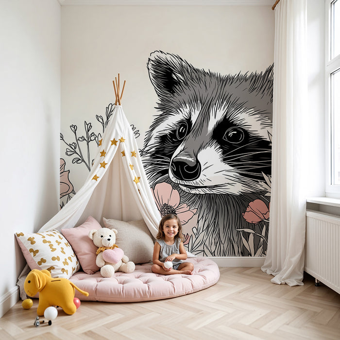 Kinderkamer behang | Wasbeer omringd door delicate bloemen