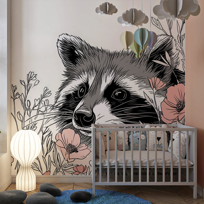 Kinderkamer behang | Wasbeer omringd door delicate bloemen