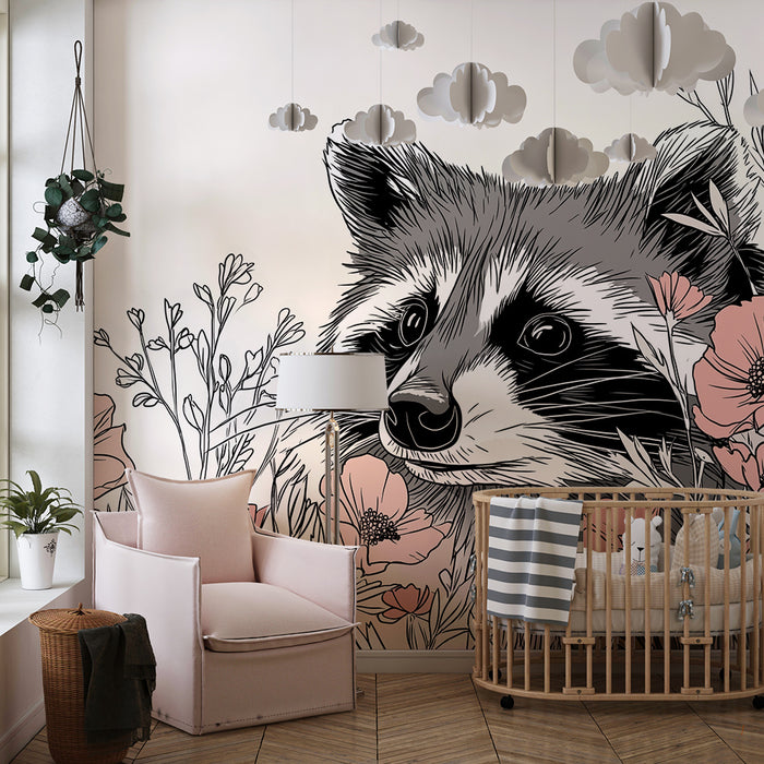 Kinderkamer behang | Wasbeer omringd door delicate bloemen