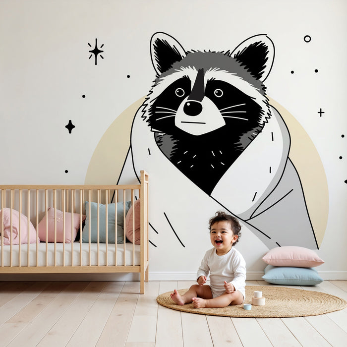 Papier peint chambre enfant | Raton laveur enveloppé dans une couverture