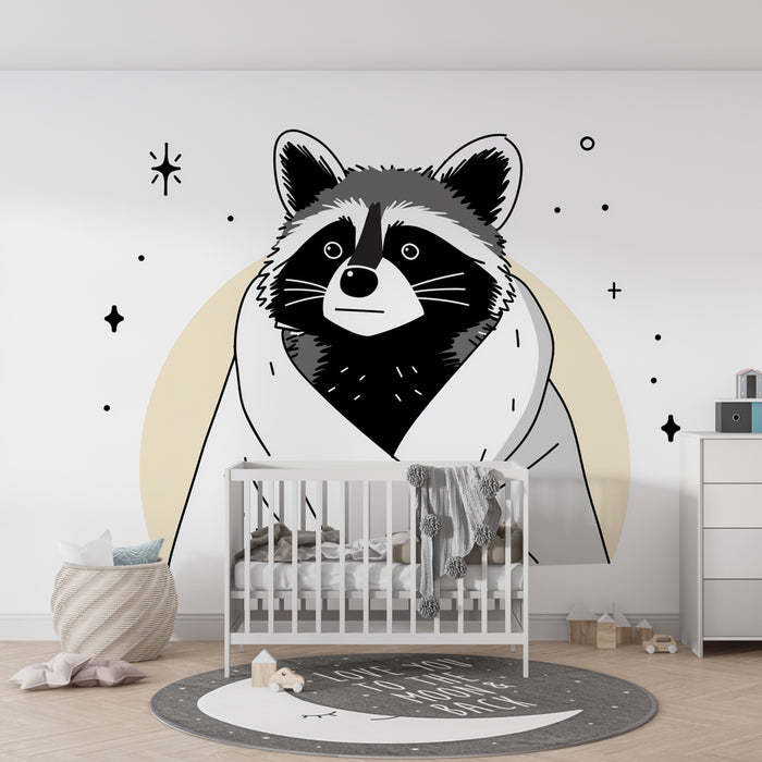 Papier peint chambre enfant | Raton laveur enveloppé dans une couverture