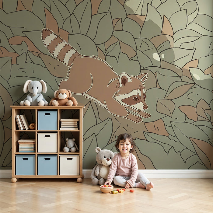 Papier peint chambre enfant | Raton laveur espiègle dans une jungle de feuillage