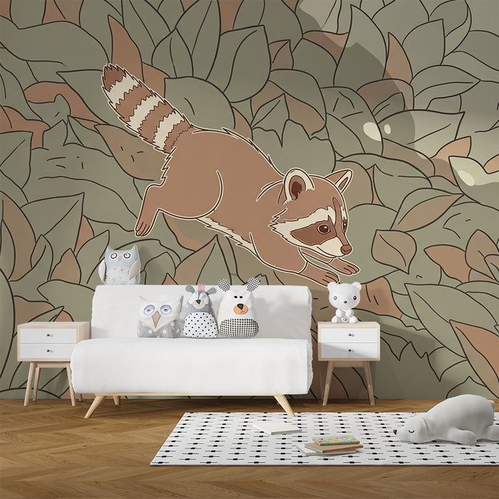 Papier peint chambre enfant | Raton laveur espiègle dans une jungle de feuillage