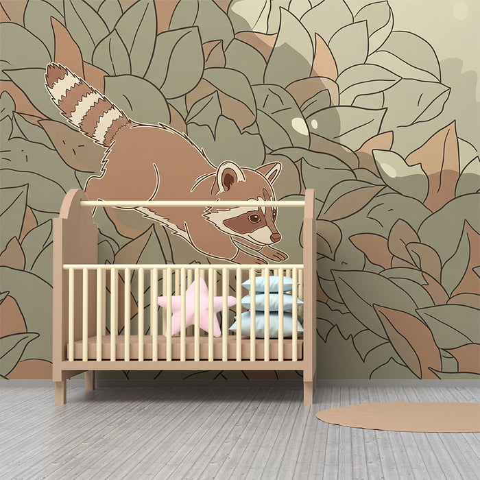 Papier peint chambre enfant | Raton laveur espiègle dans une jungle de feuillage