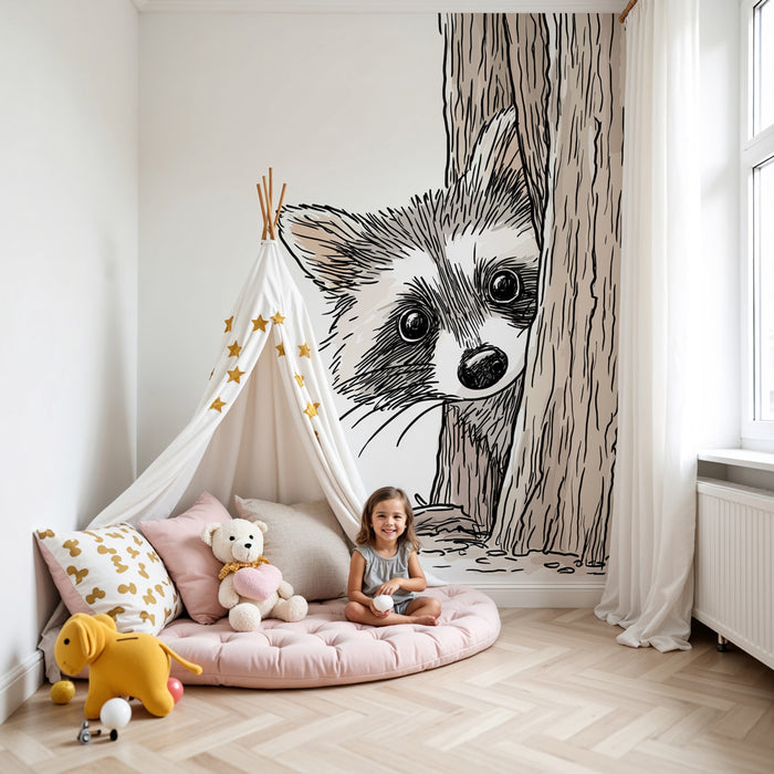 Papier peint chambre enfant | Raton laveur espiègle derrière un arbre