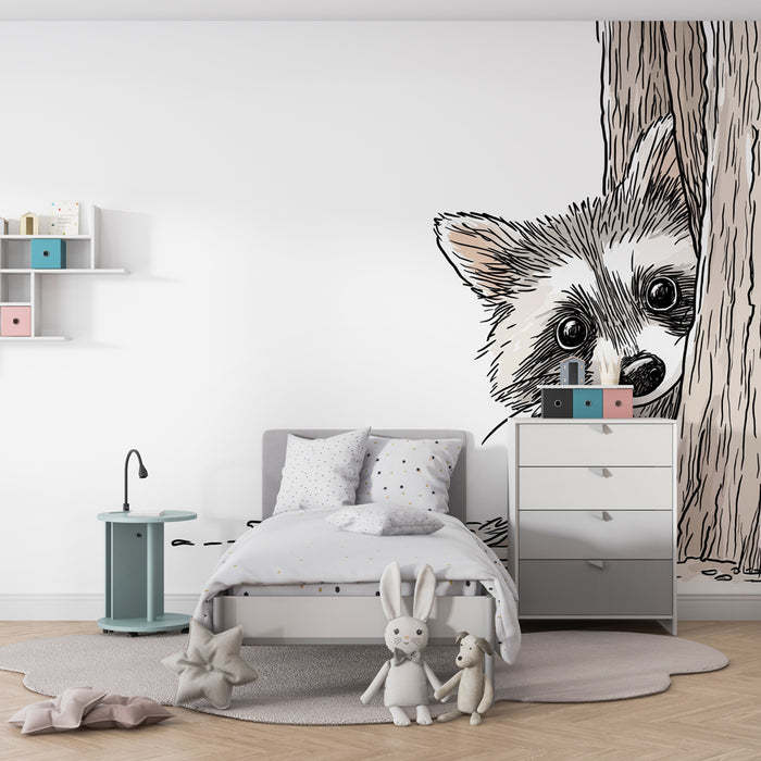 Papier peint chambre enfant | Raton laveur espiègle derrière un arbre