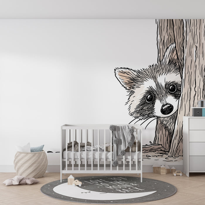 Papier peint chambre enfant | Raton laveur espiègle derrière un arbre