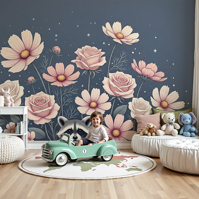 Gyermekszoba tapéta | Rókamacska pajkos virágok között