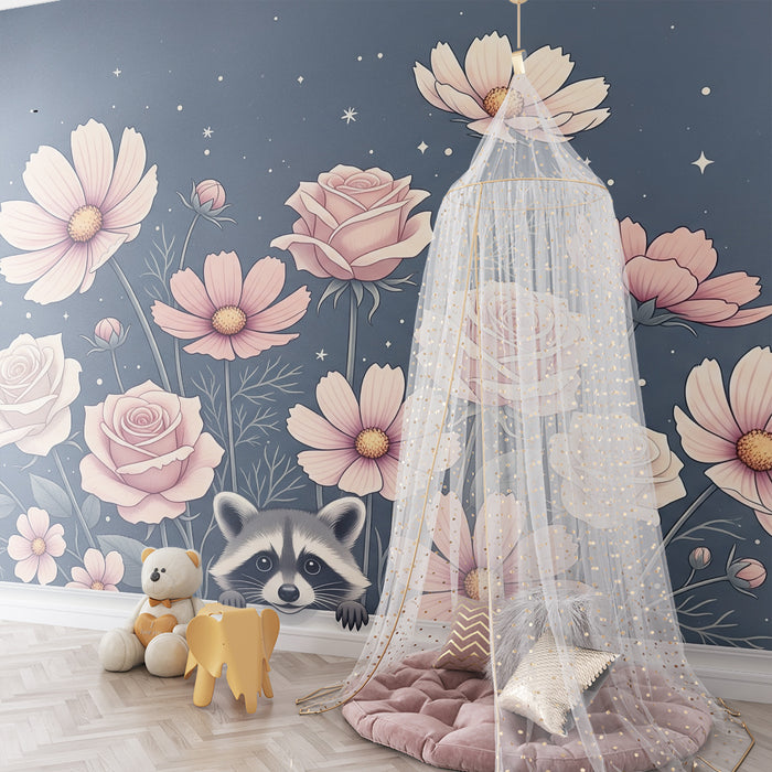 Gyermekszoba tapéta | Rókamacska pajkos virágok között