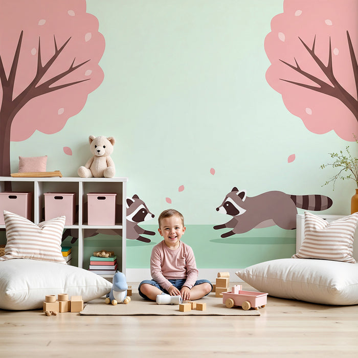 Kinderzimmer Tapete | Verspielter Waschbär unter blühenden Kirschbäumen