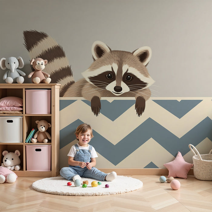 Papel pintado infantil | Mapache travieso sobre fondo azul en espiga