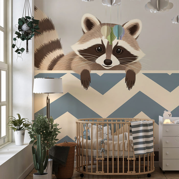 Papel pintado infantil | Mapache travieso sobre fondo azul en espiga