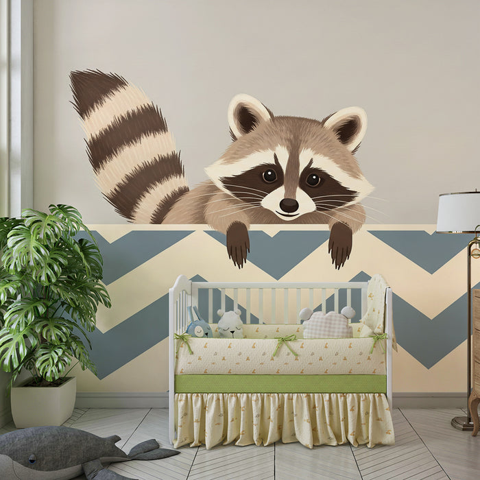 Papel pintado infantil | Mapache travieso sobre fondo azul en espiga