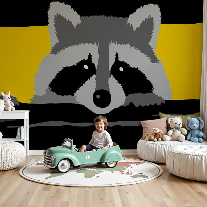 Kinderzimmer Tapete | Verspielter Waschbär auf buntem Hintergrund