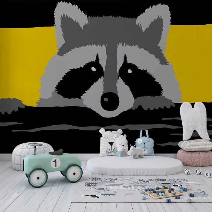 Kinderzimmer Tapete | Verspielter Waschbär auf buntem Hintergrund