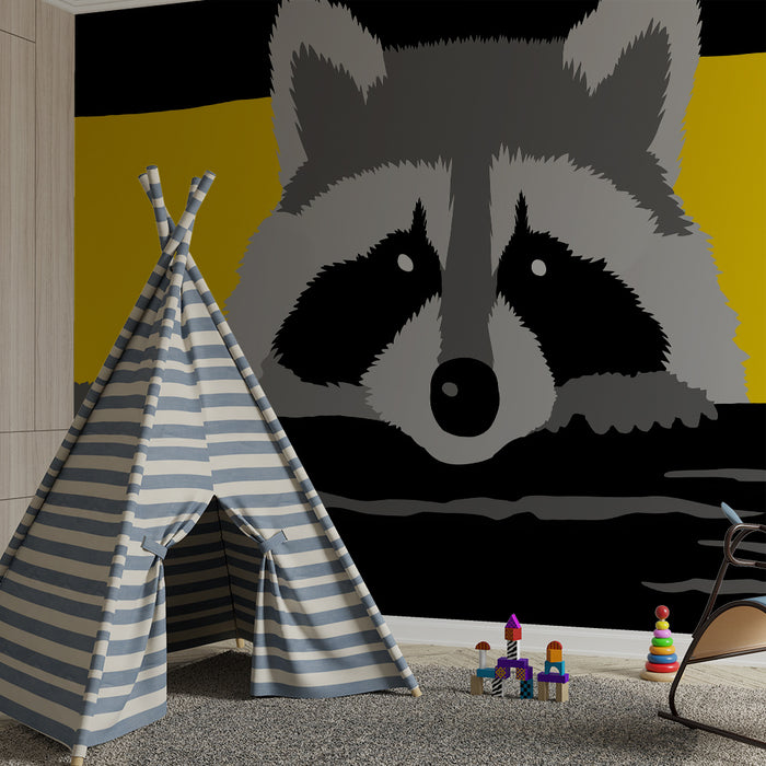Kinderzimmer Tapete | Verspielter Waschbär auf buntem Hintergrund