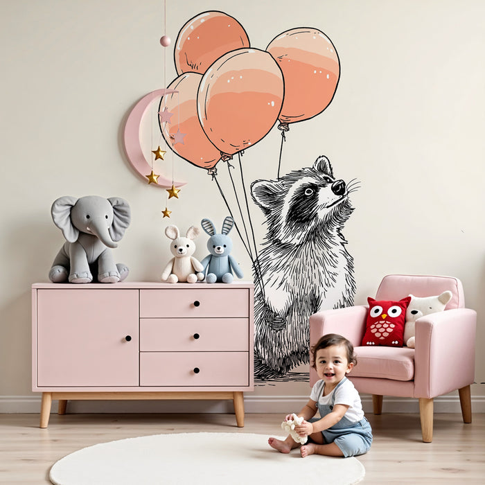 Papier peint chambre enfant | Raton laveur et ballons roses