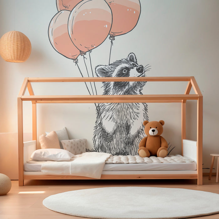 Papier peint chambre enfant | Raton laveur et ballons roses